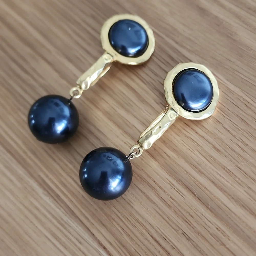 Les Bernard Dangling Black and Gold Statement Earrings